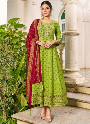 Distinctive Green Print Readymade Gown