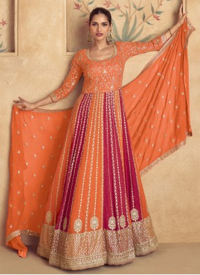 Distinctive Orange and Red Sequins Georgette Readymade Floor Length Gown