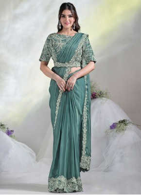 Distinctive Satin Silk Teal and Turquoise Designer Saree