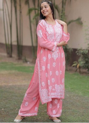 Distinctively Embroidered Pink Rayon Casual Kurti