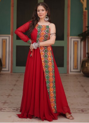 Distinctively Red Fancy Faux Georgette Readymade Trendy Gown