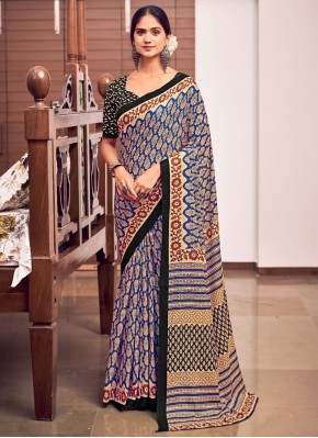 Divine Cotton Print Blue Contemporary Saree