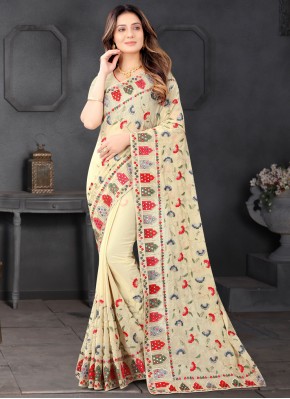 Elegant Embroidered Cream Classic Saree