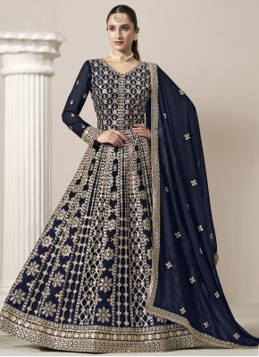 Elegant Embroidered Faux Georgette Navy Blue Long Length Salwar Kameez