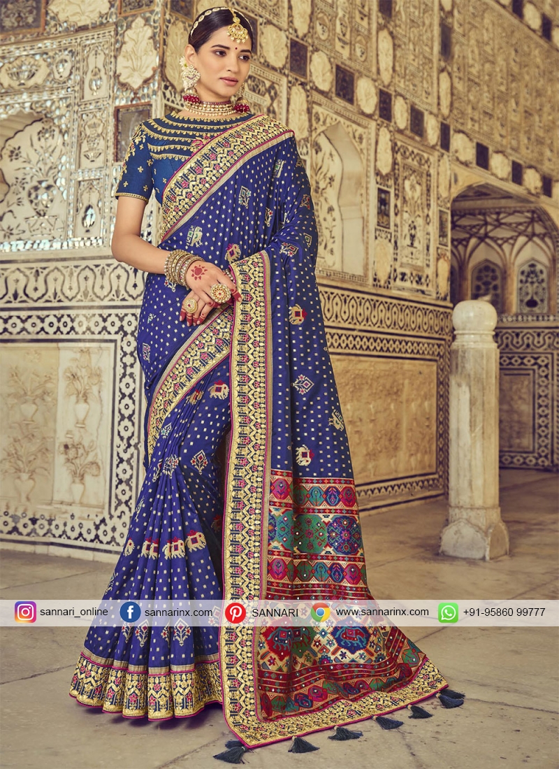 Royal blue plain georgette saree with blouse - Vedant Vastram - 4096225