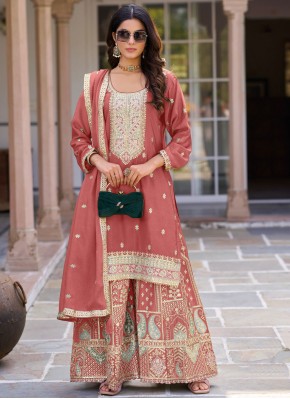 Elite Sequins Silk Pink and Rust Readymade Salwar Kameez