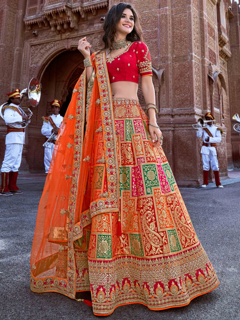 Embroidered Banarasi Silk Designer Lehenga Choli In Orange 