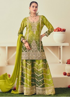 Embroidered Chinon Designer Palazzo Salwar Kameez in Green