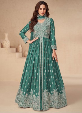 Embroidered Chinon Readymade Lehenga Choli in Green and Teal