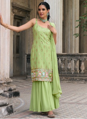 Embroidered Faux Georgette Readymade Salwar Kameez in Green