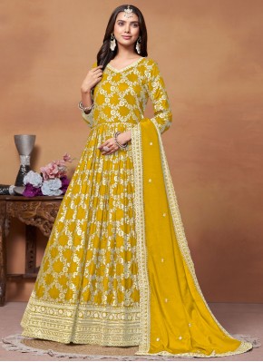 Embroidered Jacquard Floor Length Anarkali Salwar Suit in Mustard