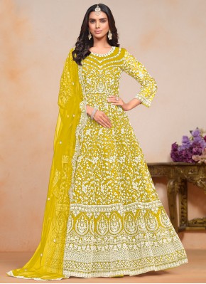 Embroidered Net Trendy Salwar Kameez in Yellow