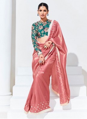 Embroidered Organza Saree in Peach