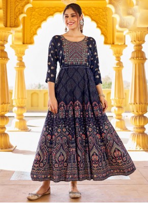 Embroidered Rayon Readymade Gown in Navy Blue