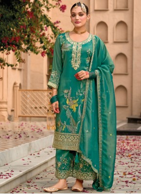 Embroidered Shimmer Readymade Salwar Suit in Green