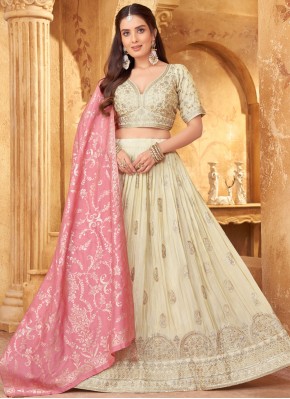 Embroidered Silk Readymade Lehenga Choli in Cream