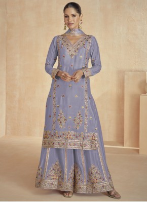 Embroidered Silk Readymade Salwar Kameez in Lavender