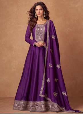 Embroidered Silk Trendy Gown in Purple