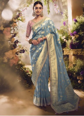 Enchanting Border Blue and Grey Silk Designer Saree