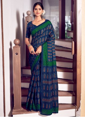 Enchanting Cotton Print Navy Blue Trendy Saree