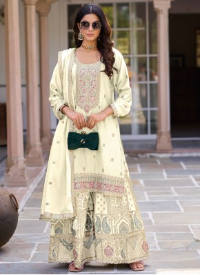 Energetic Embroidered Off White Silk Trendy Salwar Kameez