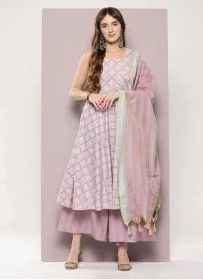 Engrossing Polyester Stripe Print Rose Pink Designer Salwar Kameez