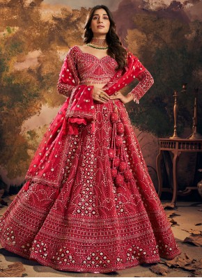 Enticing Embroidered Net Red Readymade Lehenga Cho