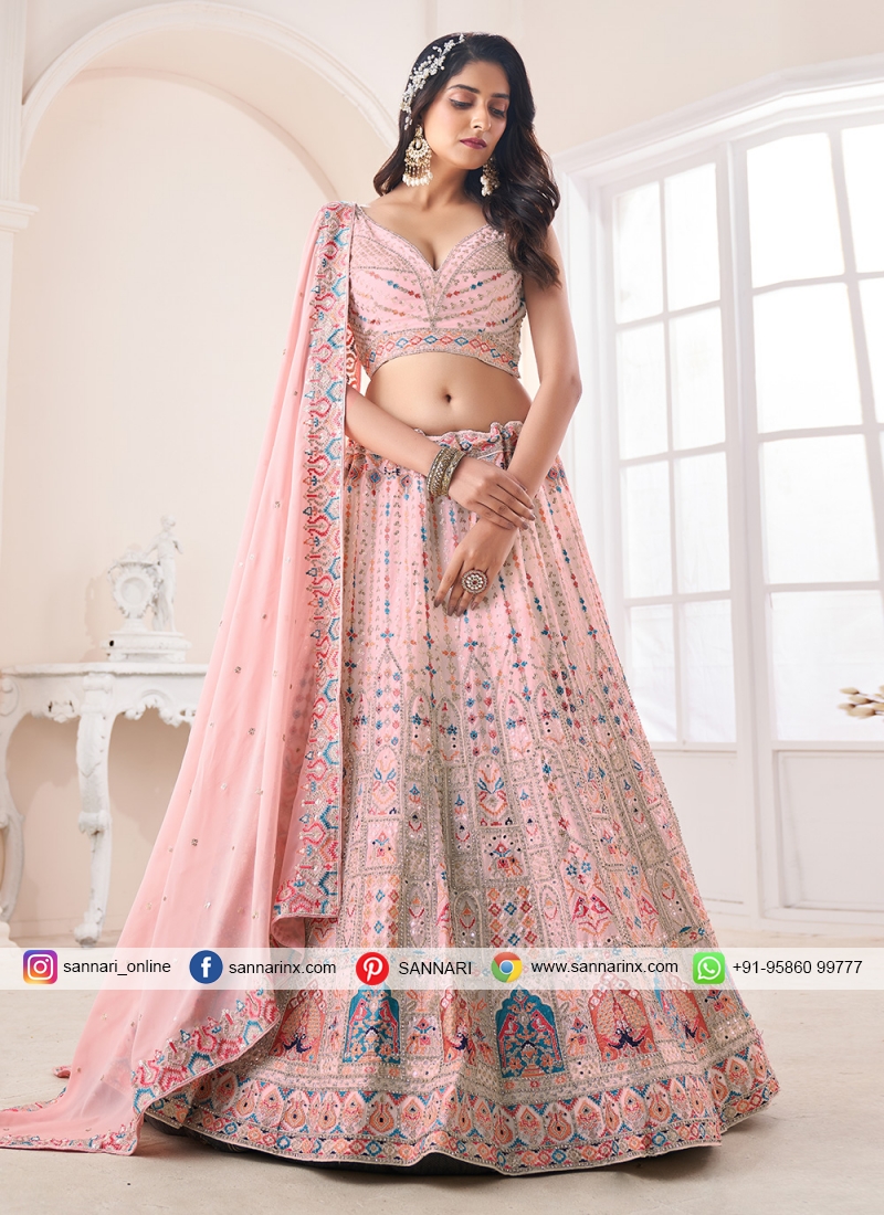 Anushka Sharma Peach Embroidered Taffeta Silk Bridal Wear Lehenga Choli