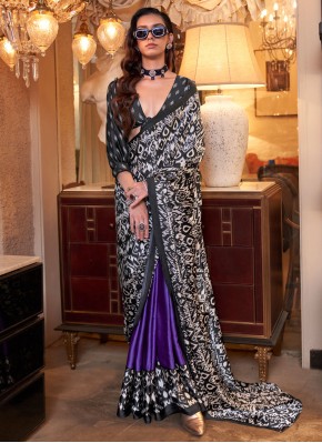 Ethnic Purple and White Patola Print Pure Crepe Designer Saree