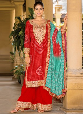 Excellent Chinon Digital Print Red Readymade Salwar Kameez