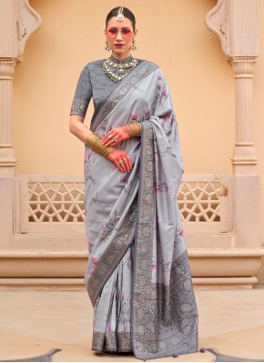 Excellent Silk Floral Print Grey Contemporary Saree