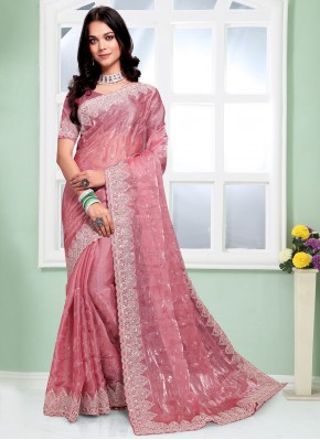 Exceptional Embroidered Pink Silk Trendy Saree