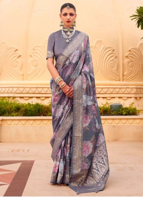 Exceptional Grey Border Silk Contemporary Saree