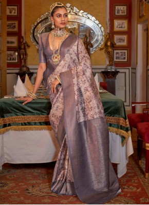 Exciting Grey and Lavender Tussar Silk Traditional Saree