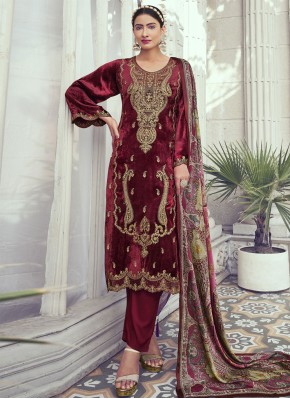 Exciting Maroon Embroidered Velvet Pant Style Suit
