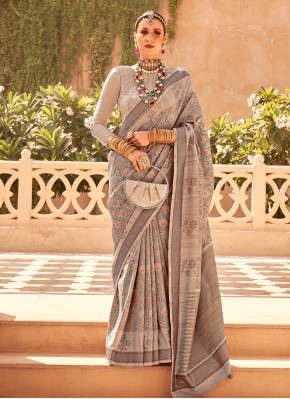 Exciting Raw Silk Beige Foil Print Contemporary Saree