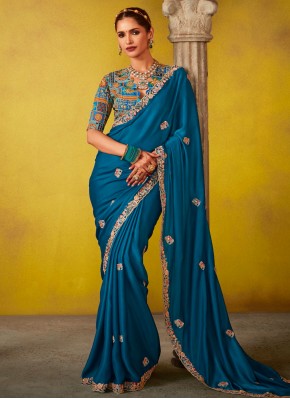 Exciting Tissue Blue Embroidered Classic Saree