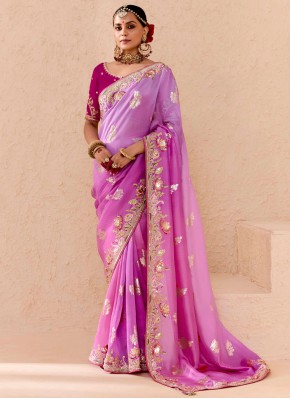 Exotic Embroidered Silk Lavender and Magenta Classic Saree