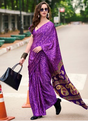 Exotic Violet Print Satin Traditional Saree