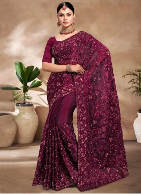 Exquisite Embroidered Burburry  Wine Trendy Saree