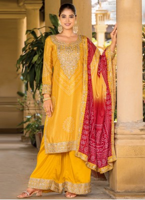 Extraordinary Chinon Yellow Digital Print Readymade Salwar Kameez