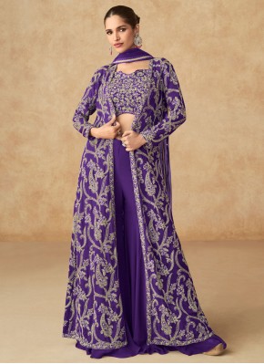 Extraordinary Georgette Purple Embroidered Readyma