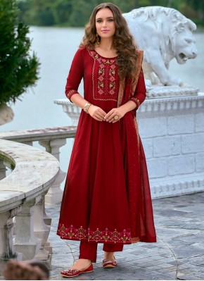 Exuberant Embroidered Vichitra Silk Red Trendy Salwar Kameez