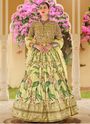 Exuberant Silk Yellow Embroidered Readymade Floor Length Gown