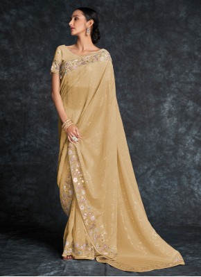 Eye-Catchy Georgette Beige Embroidered Saree