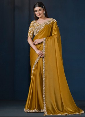 Eye-Catchy Satin Silk Mustard Thread Classic Saree