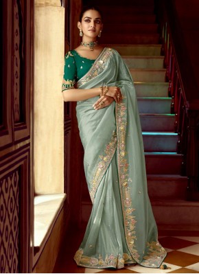 Fancy Fabric Classic Saree in Aqua Blue