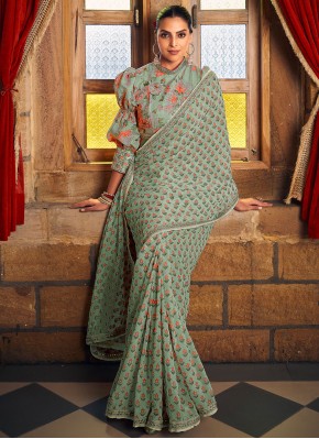 Fancy Fabric Digital Print Sea Green Trendy Saree