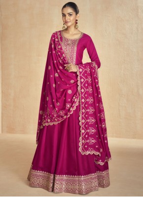 Fantastic Silk Embroidered Magenta and Rani Readymade Gown