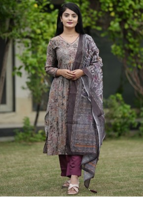 Fantastic Silk Foliage Print Grey Trendy Salwar Ka